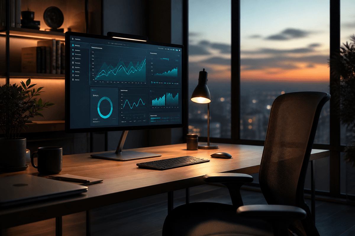 A workspace with a large screen showing a product dashboard