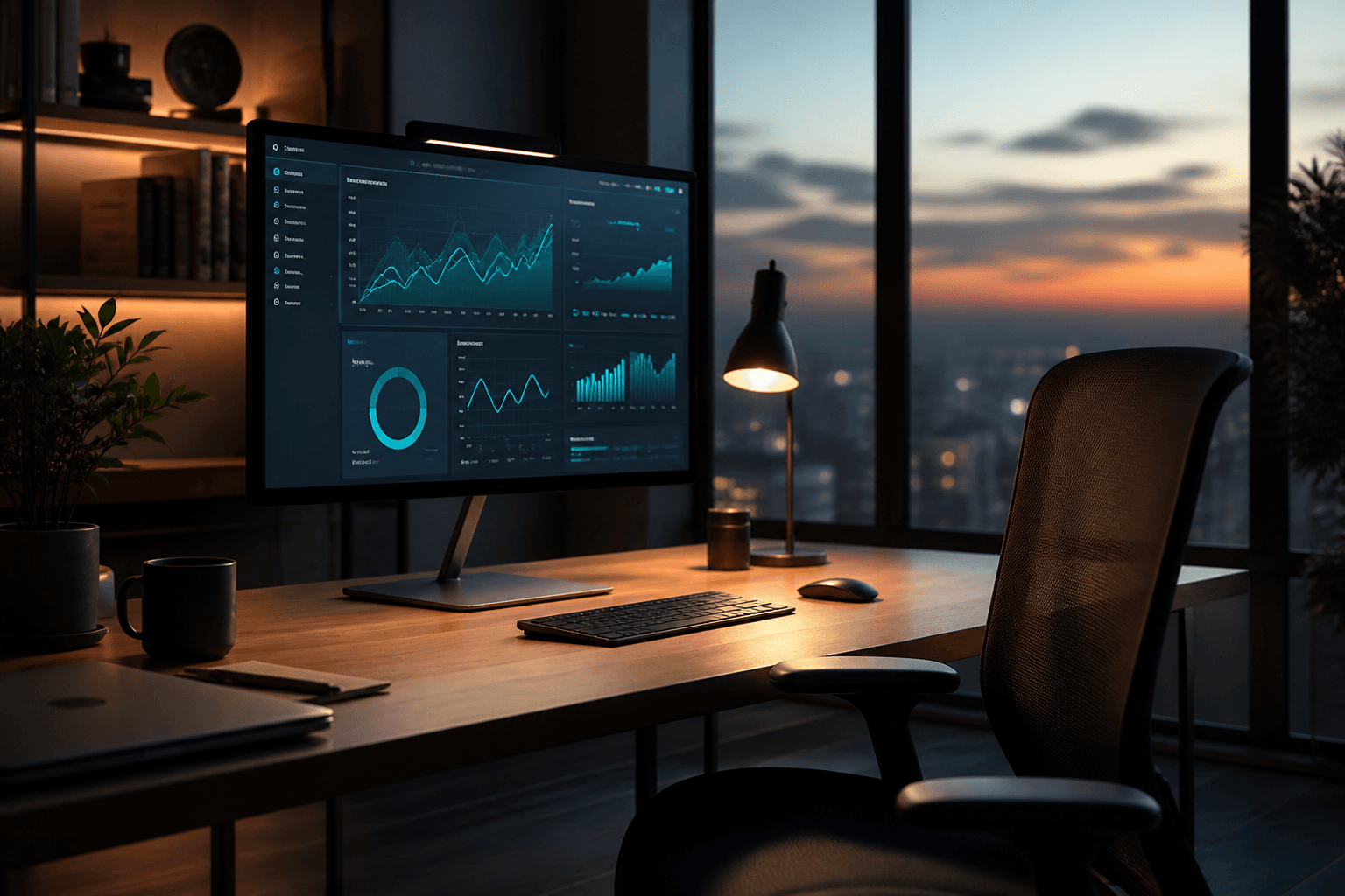 A workspace with a large screen showing a product dashboard
