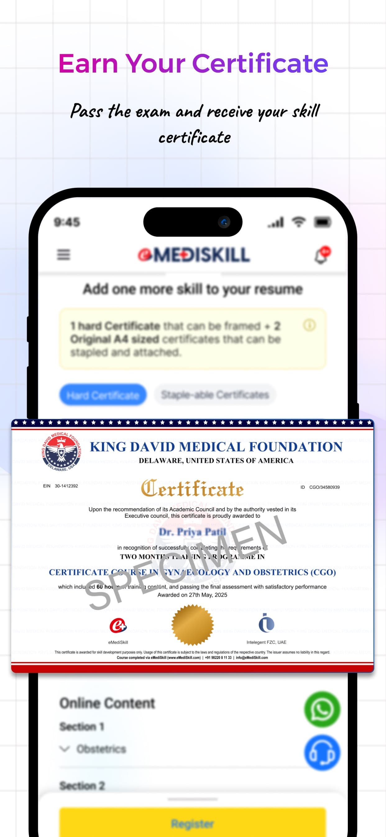 eMediSkill App Store — skill certificate after the exam