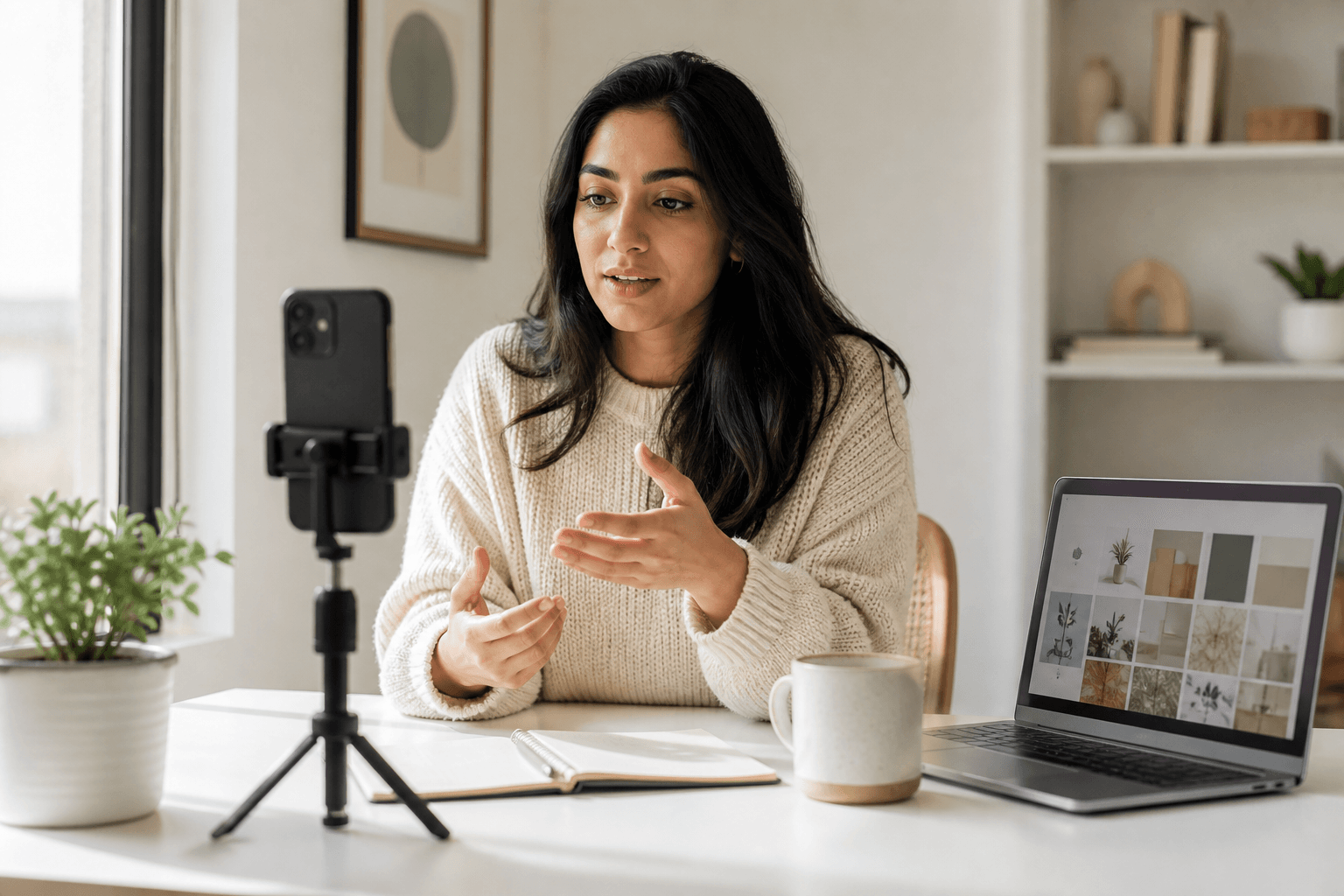 A creator filming a social post at a bright desk