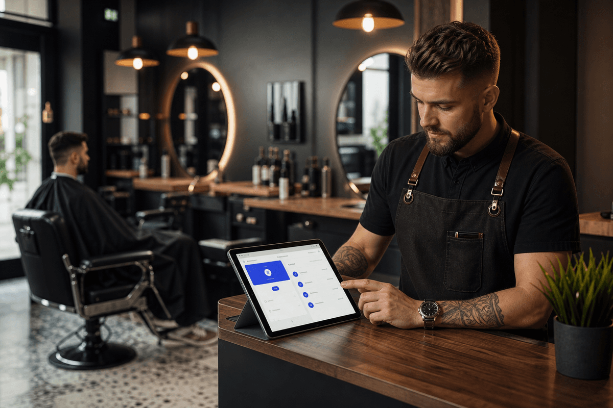 Barber shop tablet showing a digital walk-in queue and waitlist