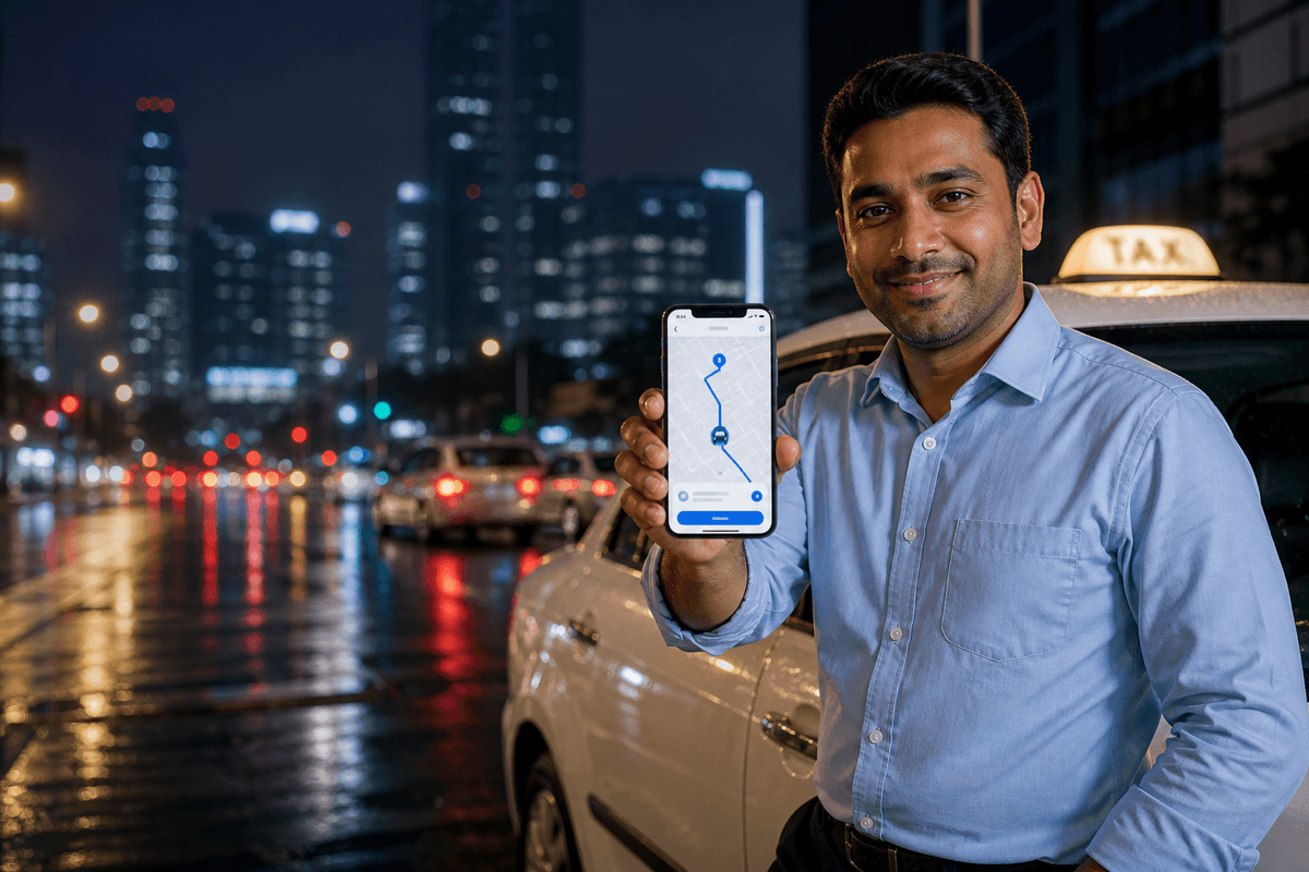 Taxi driver using a ride-booking app with live map and trip tracking at night