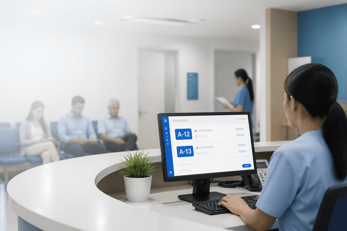 Clinic reception desk with a patient queue board on screen