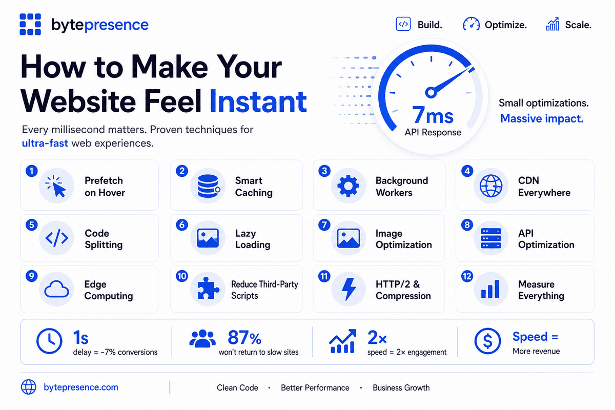 Infographic — twelve techniques to make a website feel instant, from prefetch and caching to edge computing and Core Web Vitals