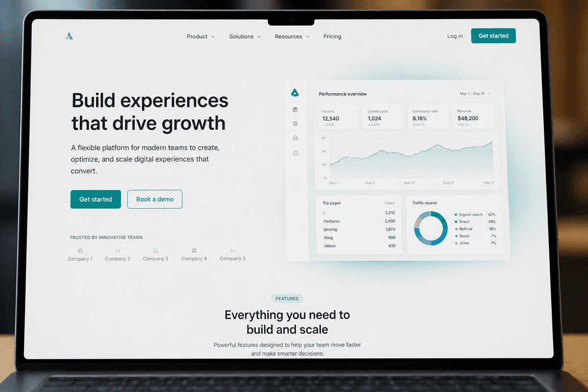 A laptop screen showing a minimal product website